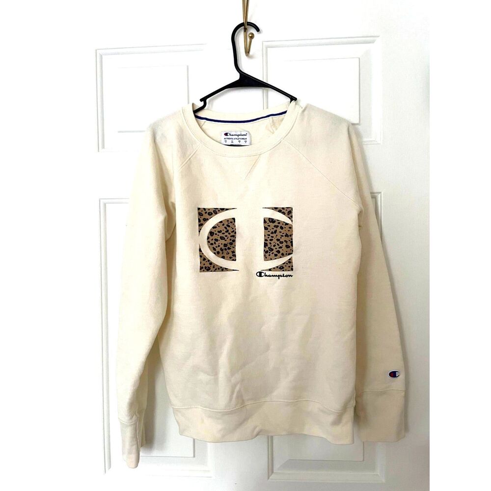 Champion Cream Crewneck Sweatshirt Pullover Size M Animal Print Logo Size M